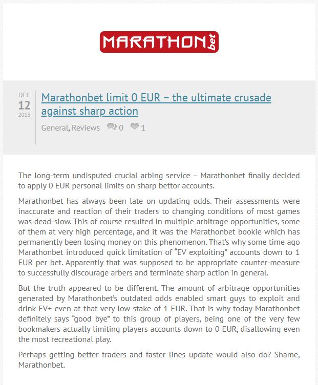 The post "Marathonbet limit 0 EUR – the ultimate crusade against sharp action" of 12 December 2013 on the Surebet Monitor blog
