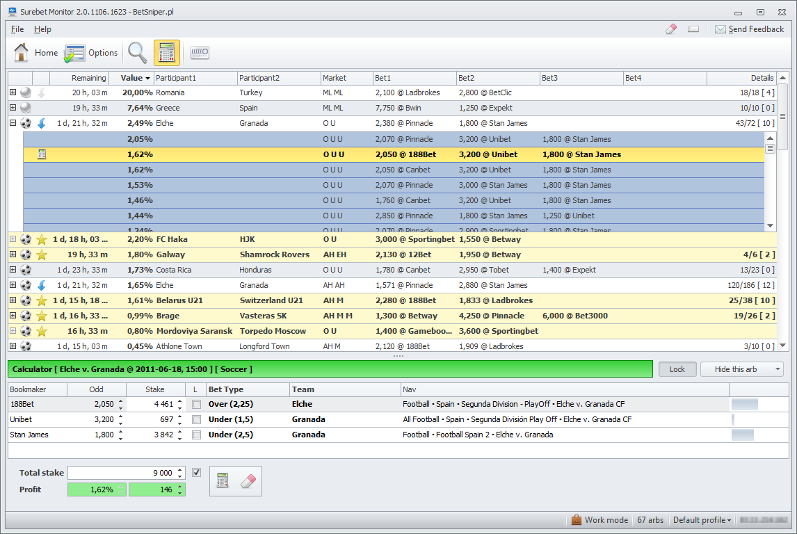 The Surebet Monitor 2.0 window: a list of surebets with the bookmakers' odds and a stake calculator for the match Elche – Granada